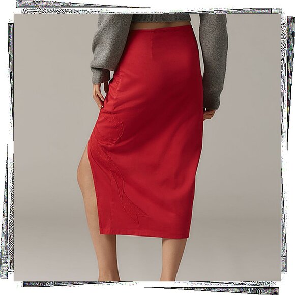 NWT: Lightweight Red Cotton Blend Bow Embroidered Midi Skirt (S) by Maeve - Picture 3 of 4